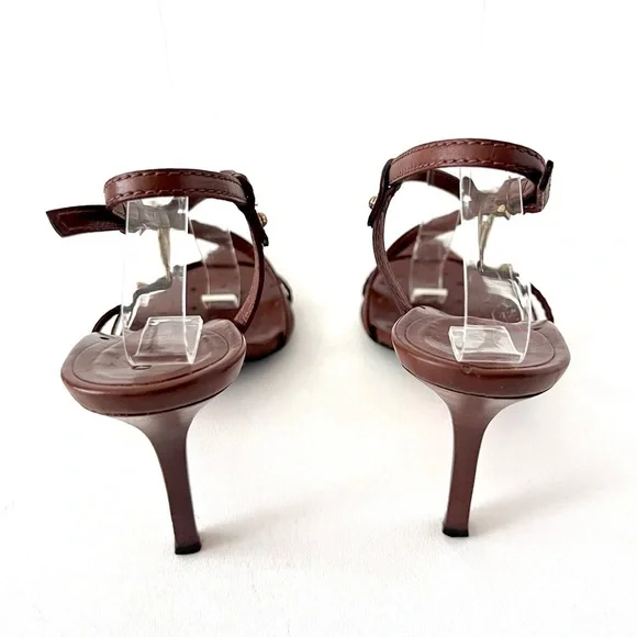 GUCCI | GG Logo Brown Leather Strappy Heels Sandals Size 7.5 - Picture 13 of 16